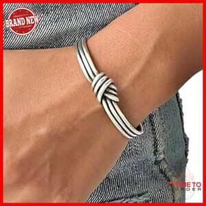 Sterling Silver Knot Cuff Bracelet Adjustable Rustic Minimalist Unisex